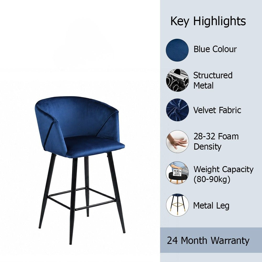 Zevron Blue Velvet Counter Height Bar Stool with Black Metal Legs