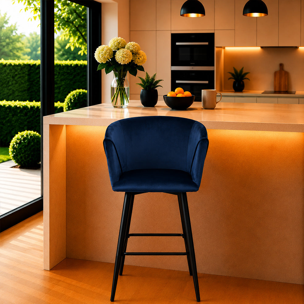 Zevron Blue Velvet Counter Height Bar Stool with Black Metal Legs