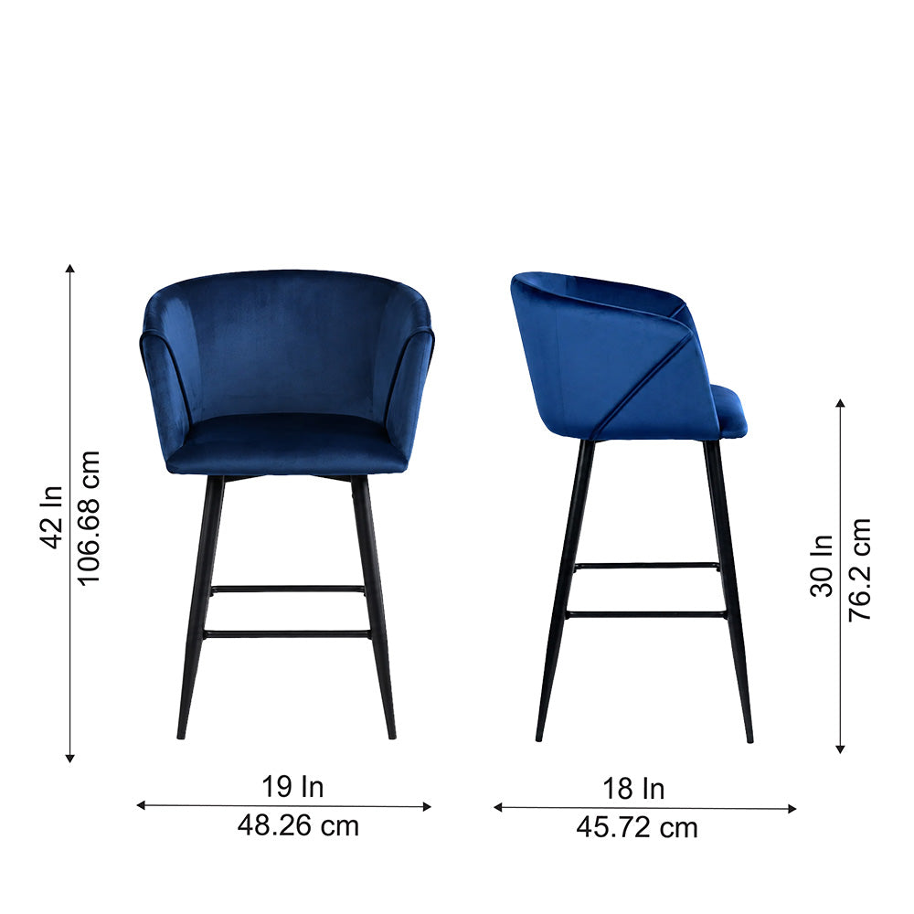 Zevron Blue Velvet Counter Height Bar Stool with Black Metal Legs