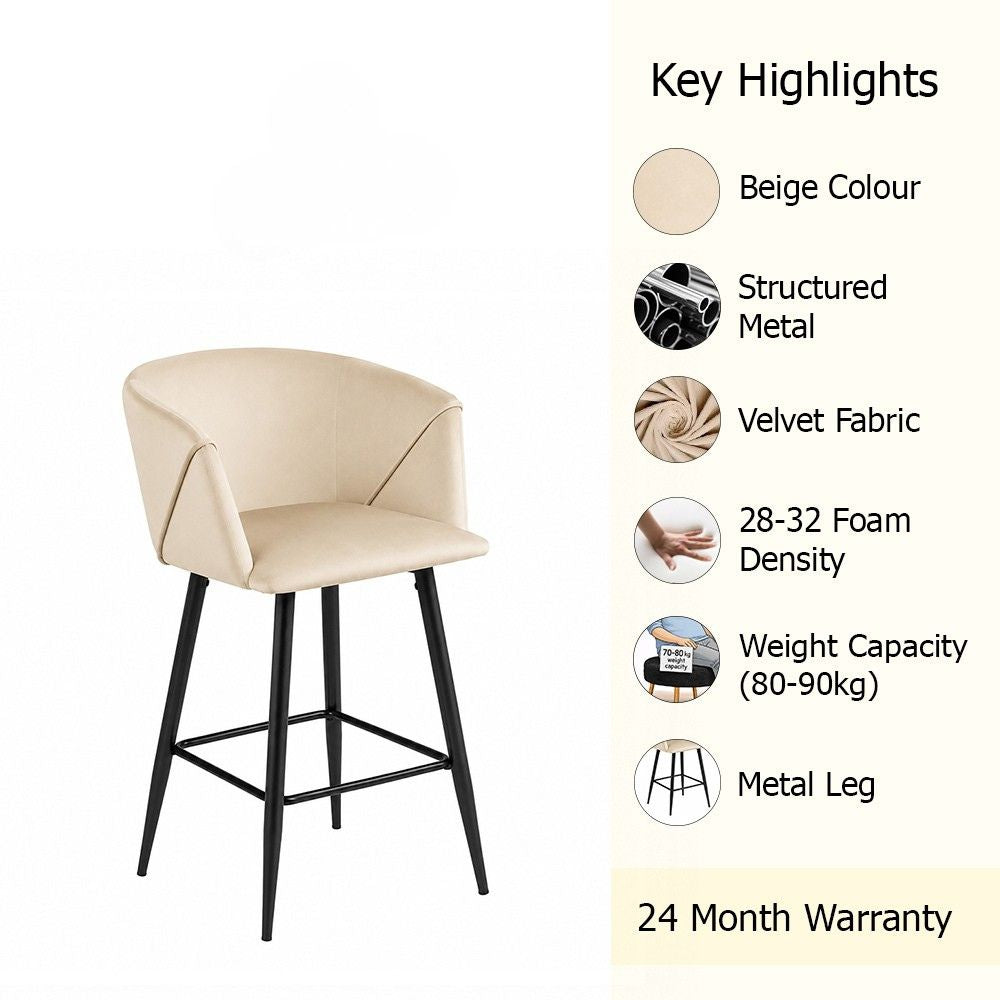 Zevron Beige Velvet Counter Height Bar Stool with Black Metal Legs