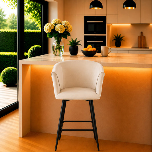 Zevron Beige Velvet Counter Height Bar Stool with Black Metal Legs