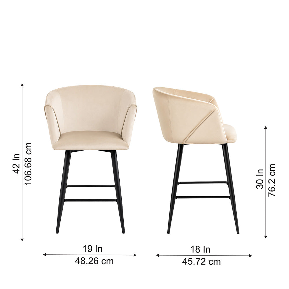 Zevron Beige Velvet Counter Height Bar Stool with Black Metal Legs