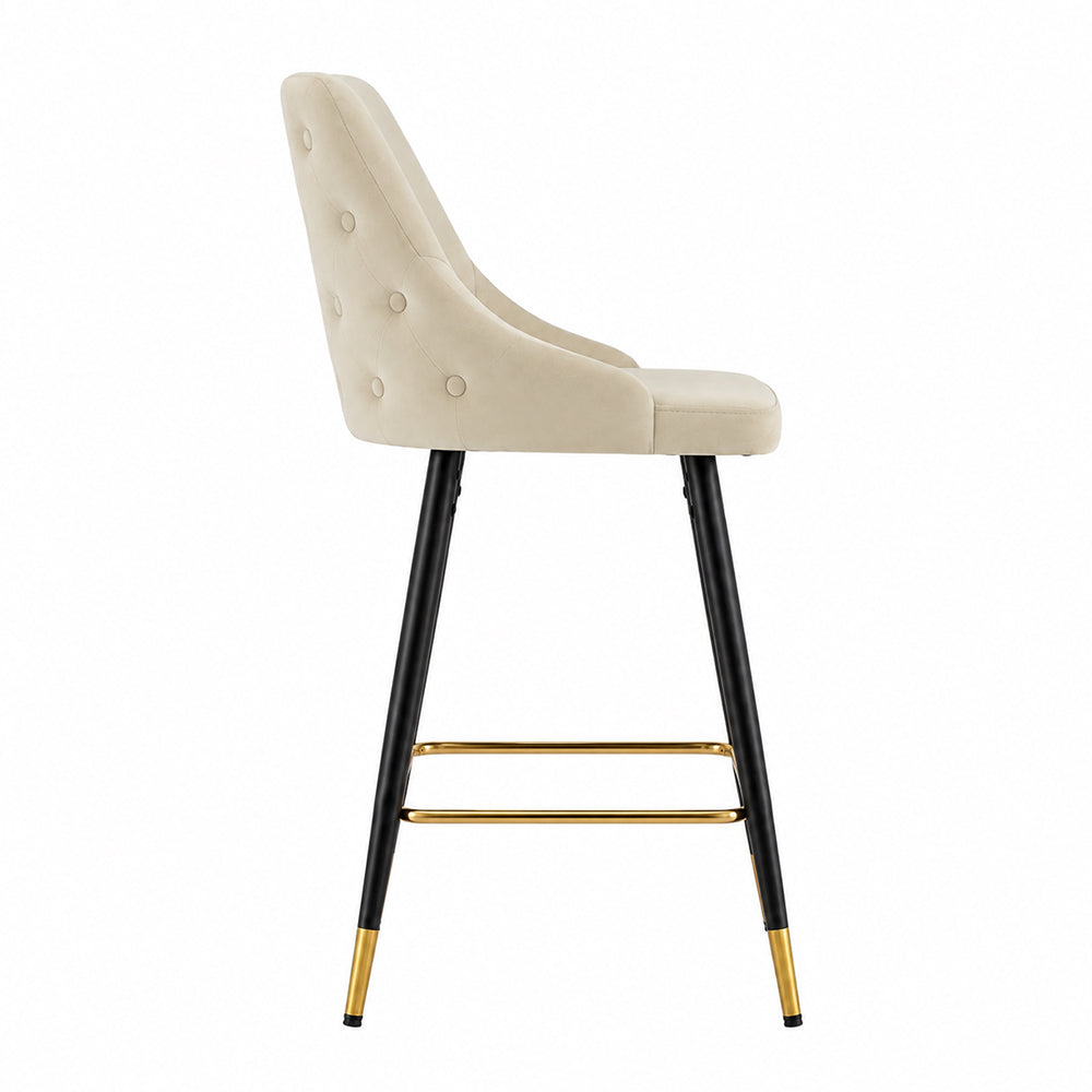 Evora Beige Upholstered Counter Height Bar Stool with Black Metal Legs & Gold Accents