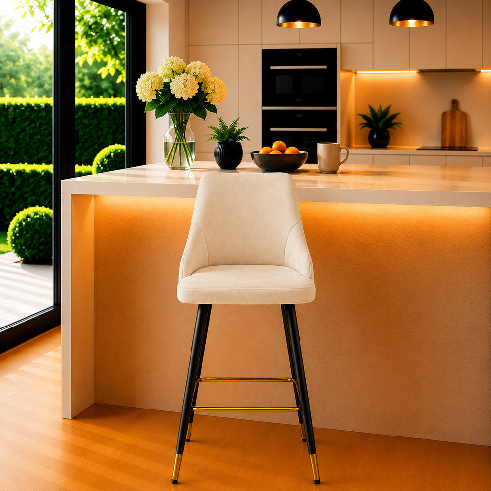 Evora Beige Upholstered Counter Height Bar Stool with Black Metal Legs & Gold Accents