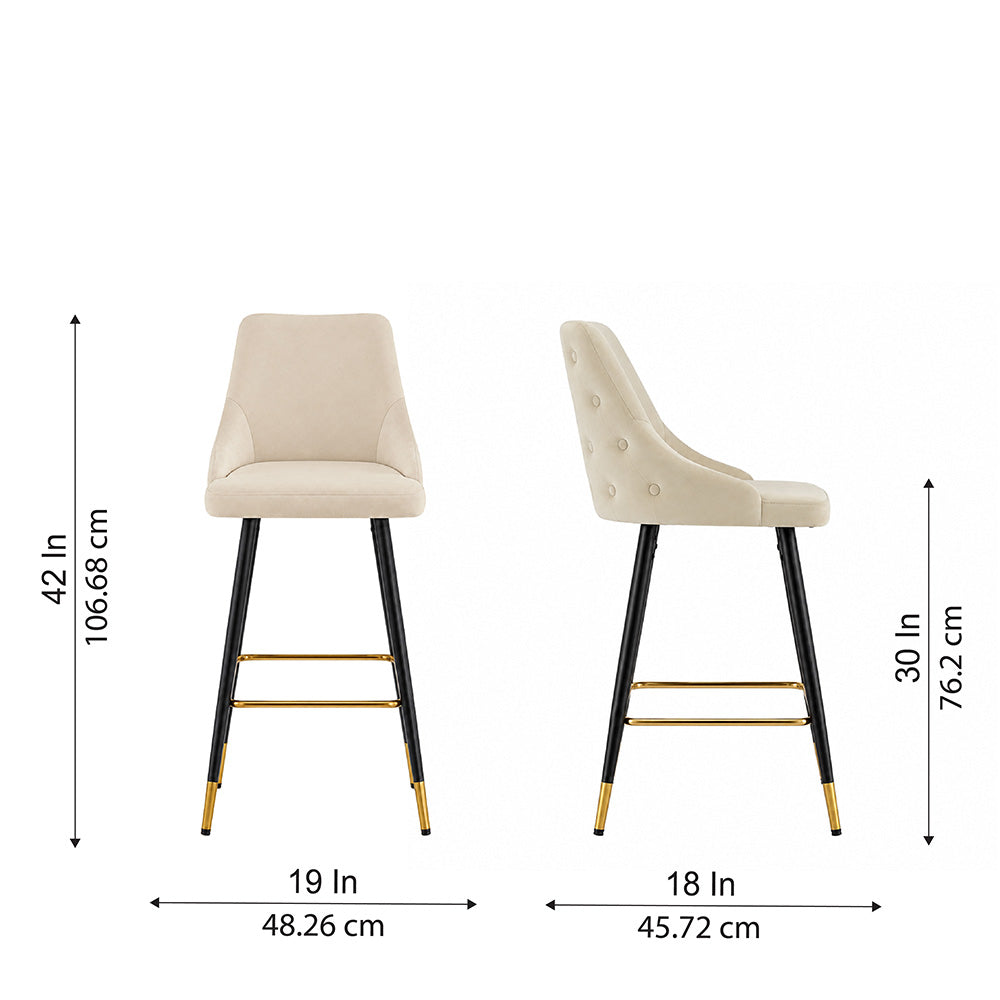 Evora Beige Upholstered Counter Height Bar Stool with Black Metal Legs & Gold Accents