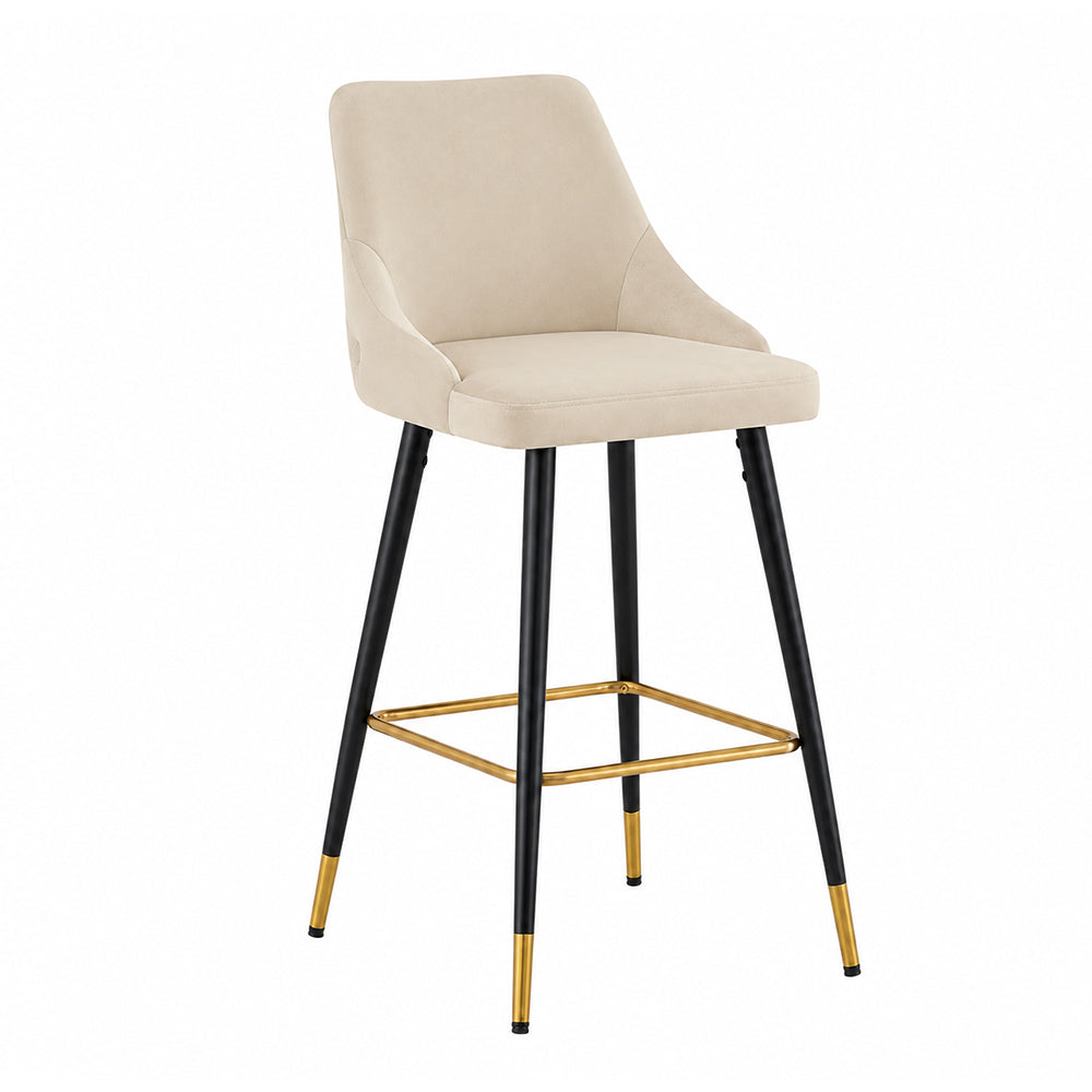 Evora Beige Upholstered Counter Height Bar Stool with Black Metal Legs & Gold Accents