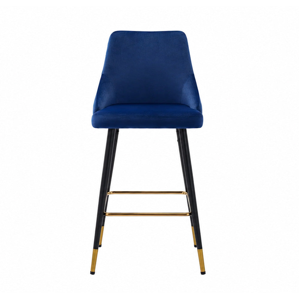 Evora Blue Upholstered Counter Height Bar Stool with Black Metal Legs & Gold Accents