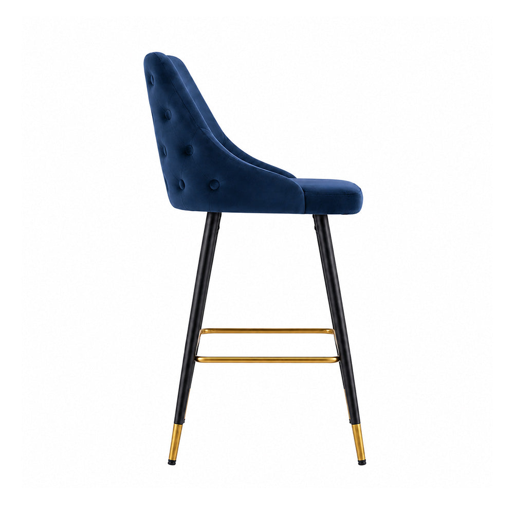 Evora Blue Upholstered Counter Height Bar Stool with Black Metal Legs & Gold Accents