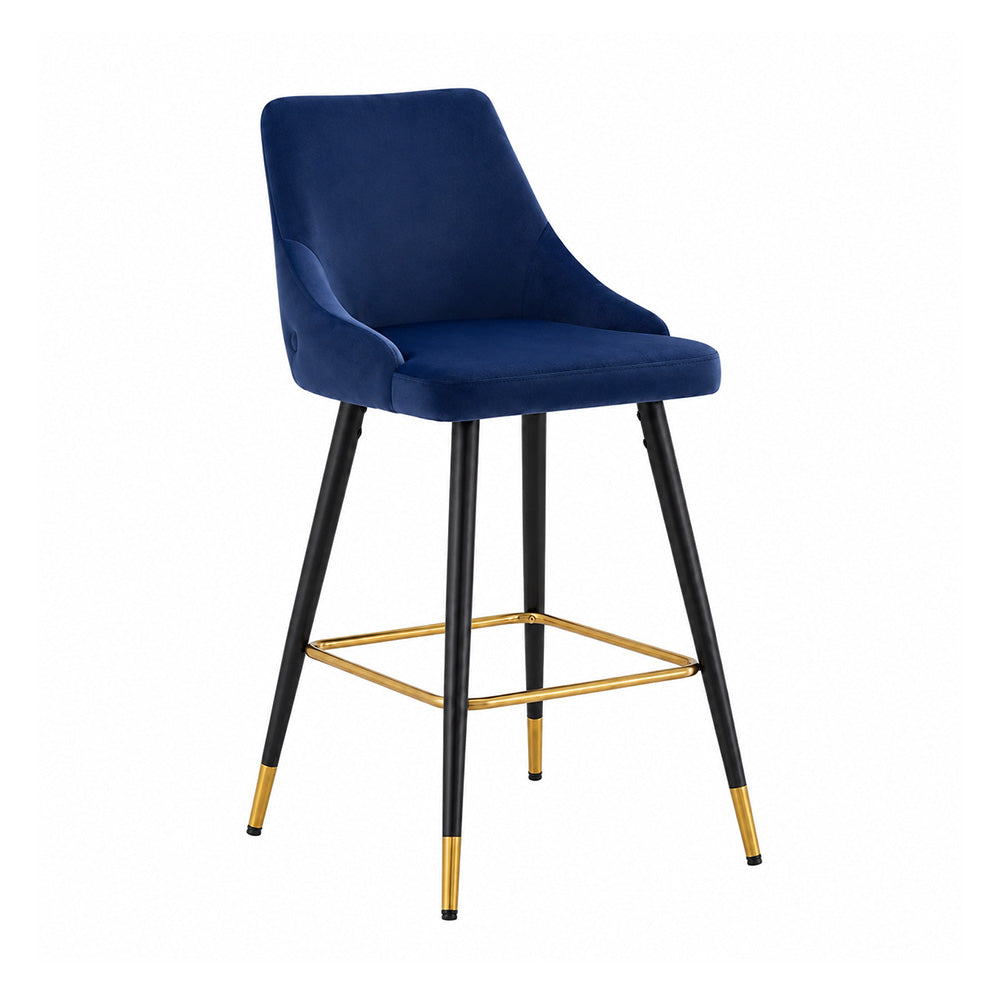 Evora Blue Upholstered Counter Height Bar Stool with Black Metal Legs & Gold Accents