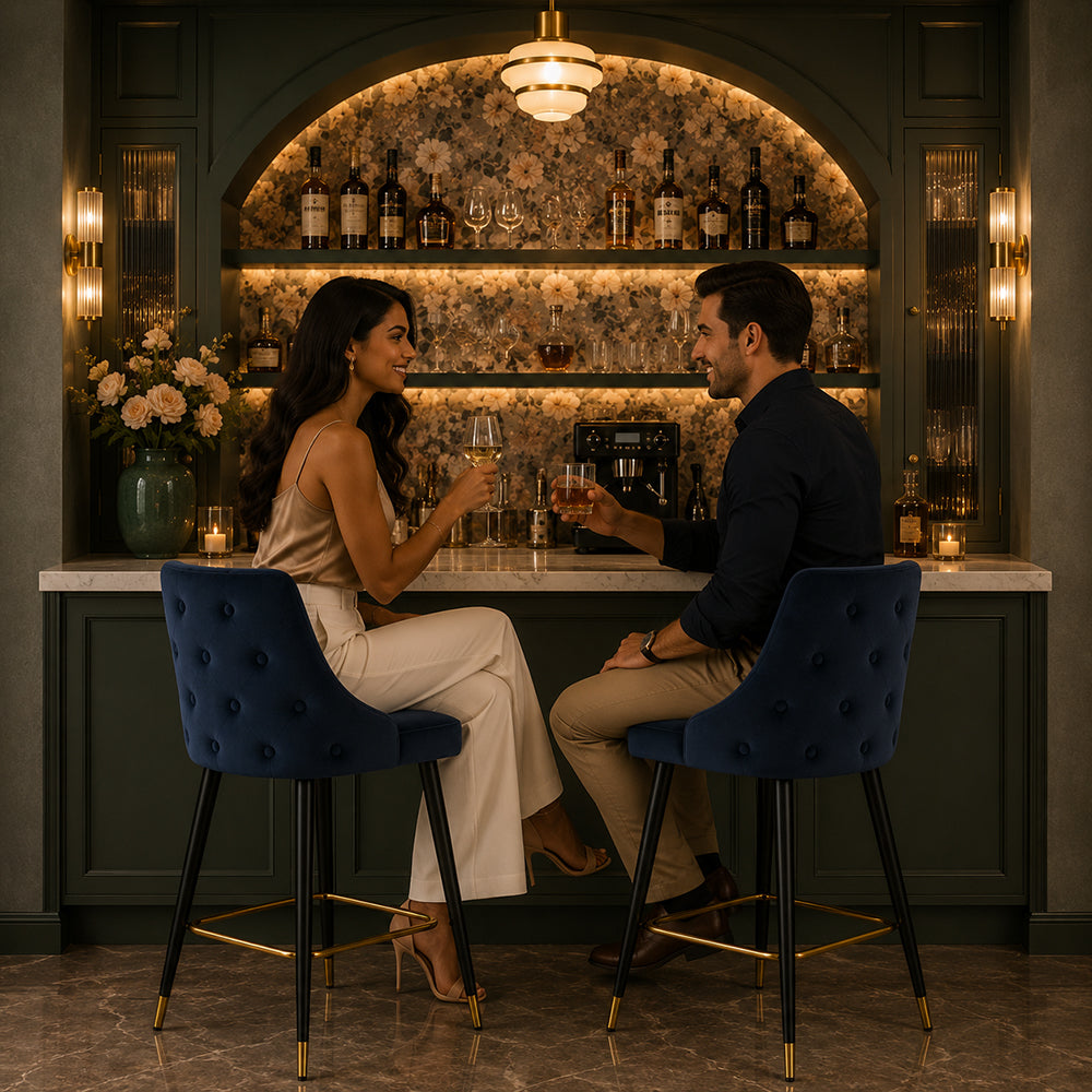 Evora Blue Upholstered Counter Height Bar Stool with Black Metal Legs & Gold Accents