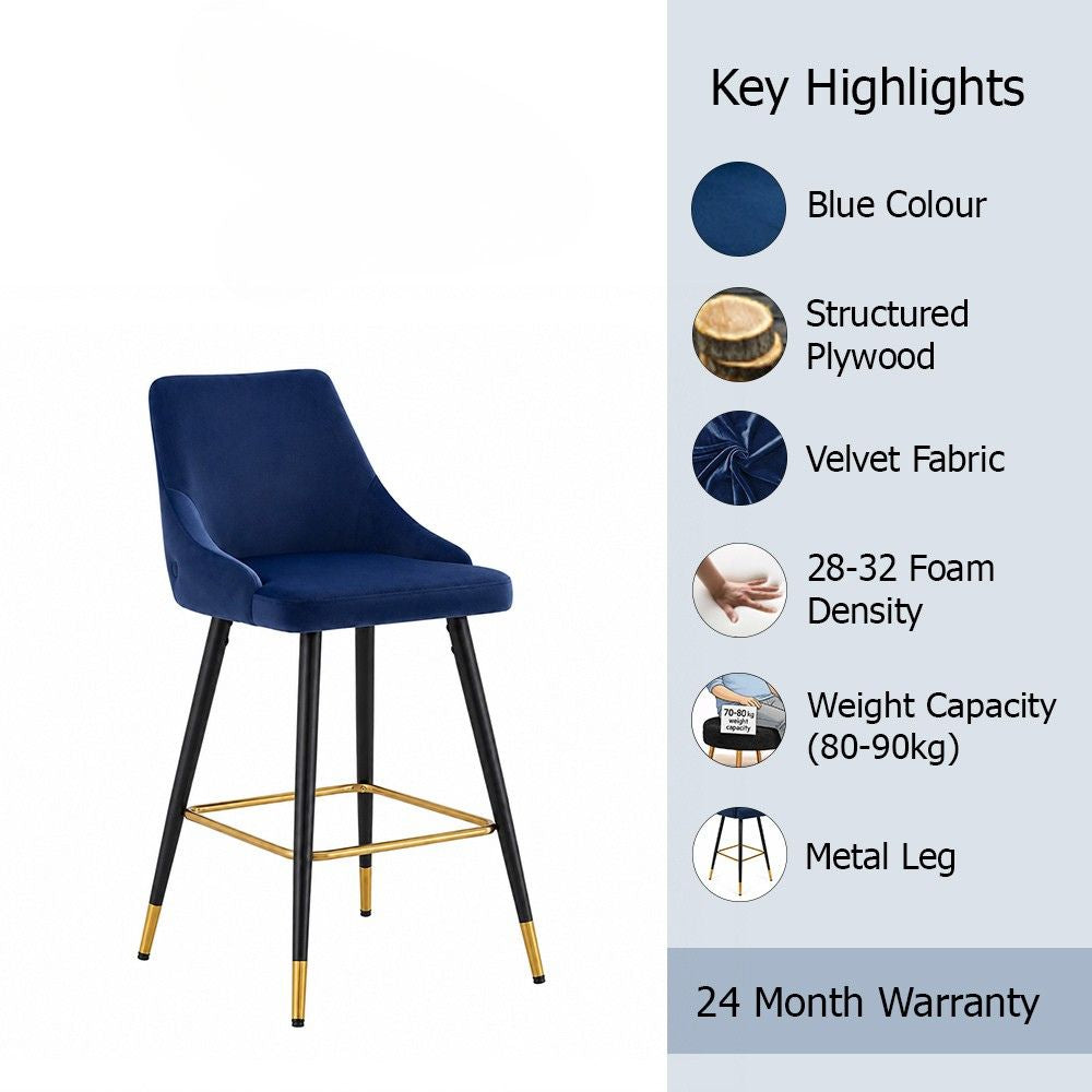 Evora Blue Upholstered Counter Height Bar Stool with Black Metal Legs & Gold Accents