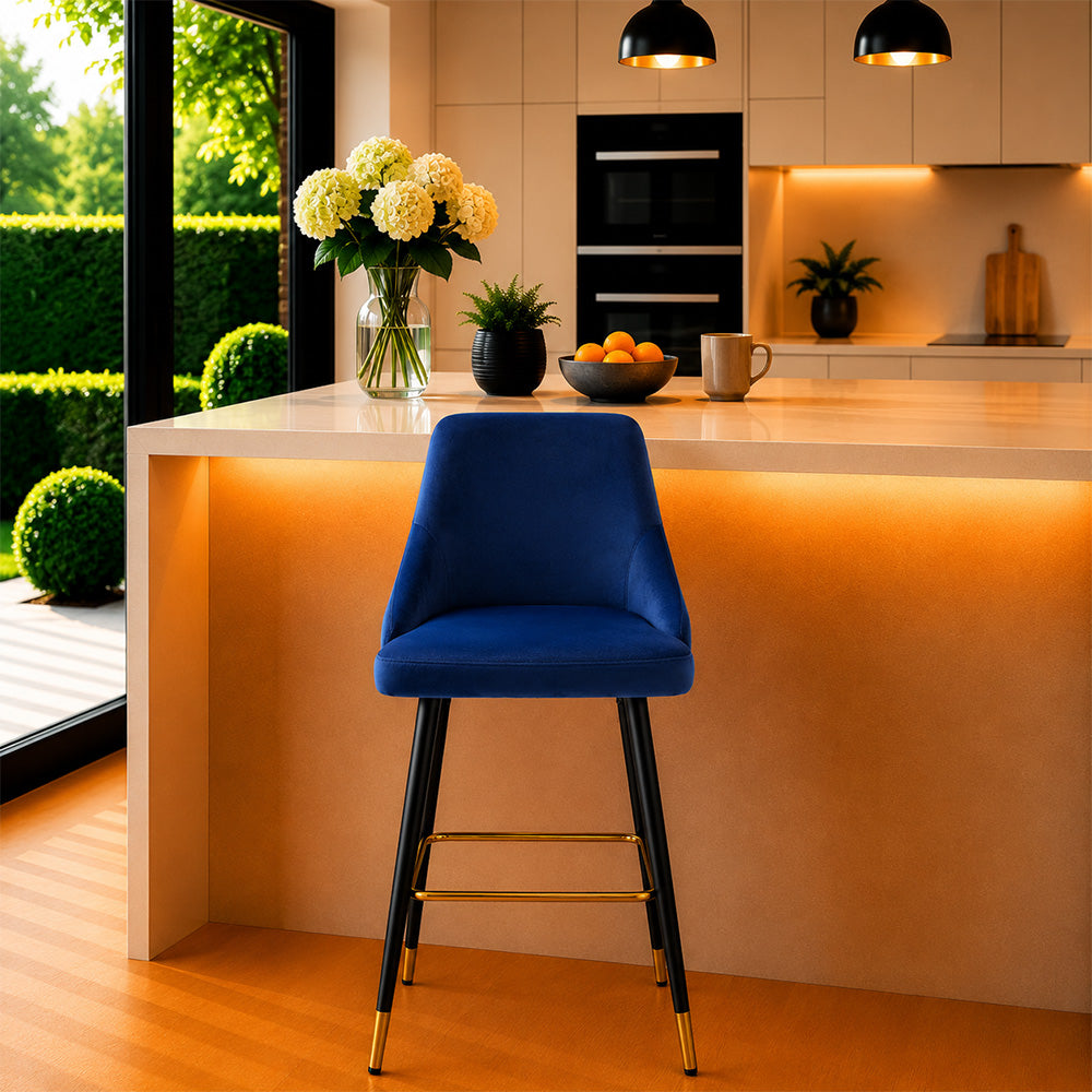 Evora Blue Upholstered Counter Height Bar Stool with Black Metal Legs & Gold Accents