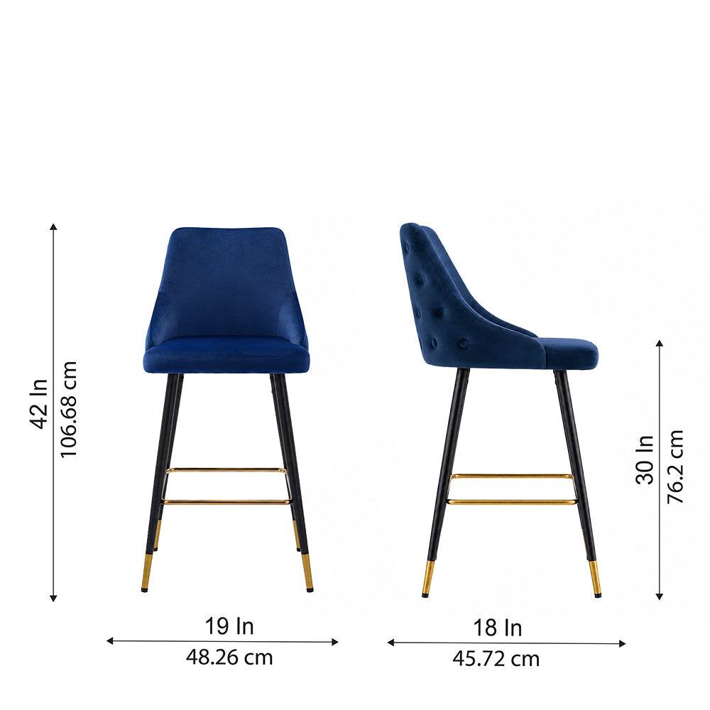 Evora Blue Upholstered Counter Height Bar Stool with Black Metal Legs & Gold Accents