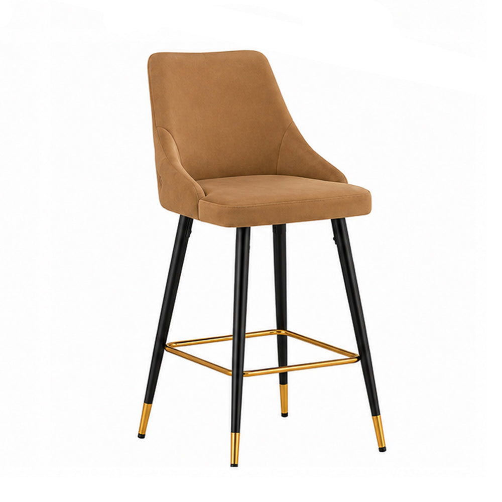 Evora Tan Upholstered Counter Height Bar Stool with Black Metal Legs & Gold Accents