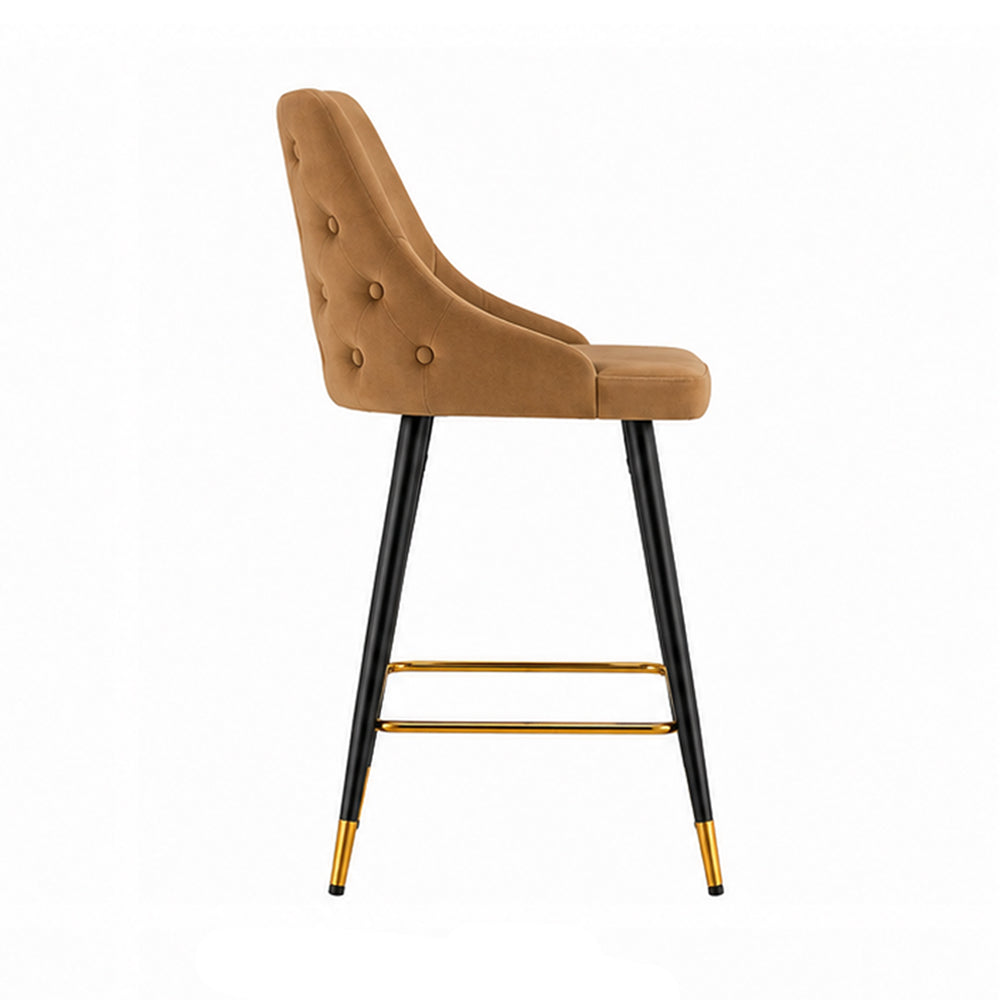 Evora Tan Upholstered Counter Height Bar Stool with Black Metal Legs & Gold Accents