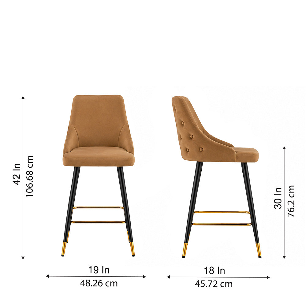 Evora Tan Upholstered Counter Height Bar Stool with Black Metal Legs & Gold Accents