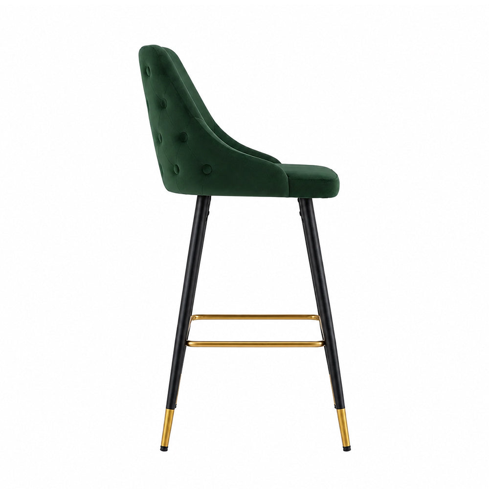 Evora Green Upholstered Counter Height Bar Stool with Black Metal Legs & Gold Accents