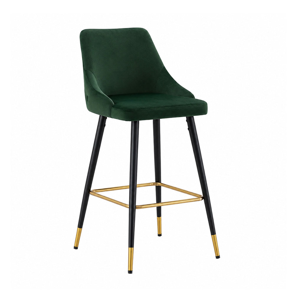 Evora Green Upholstered Counter Height Bar Stool with Black Metal Legs & Gold Accents