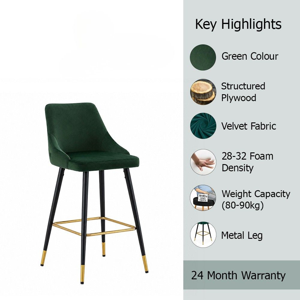 Evora Green Upholstered Counter Height Bar Stool with Black Metal Legs & Gold Accents