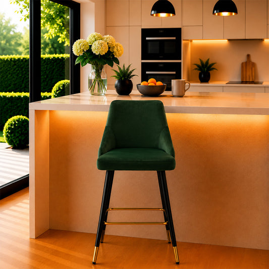 Evora Green Upholstered Counter Height Bar Stool with Black Metal Legs & Gold Accents