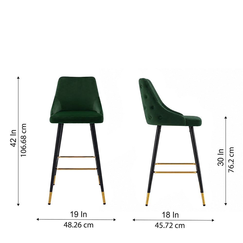 Evora Green Upholstered Counter Height Bar Stool with Black Metal Legs & Gold Accents