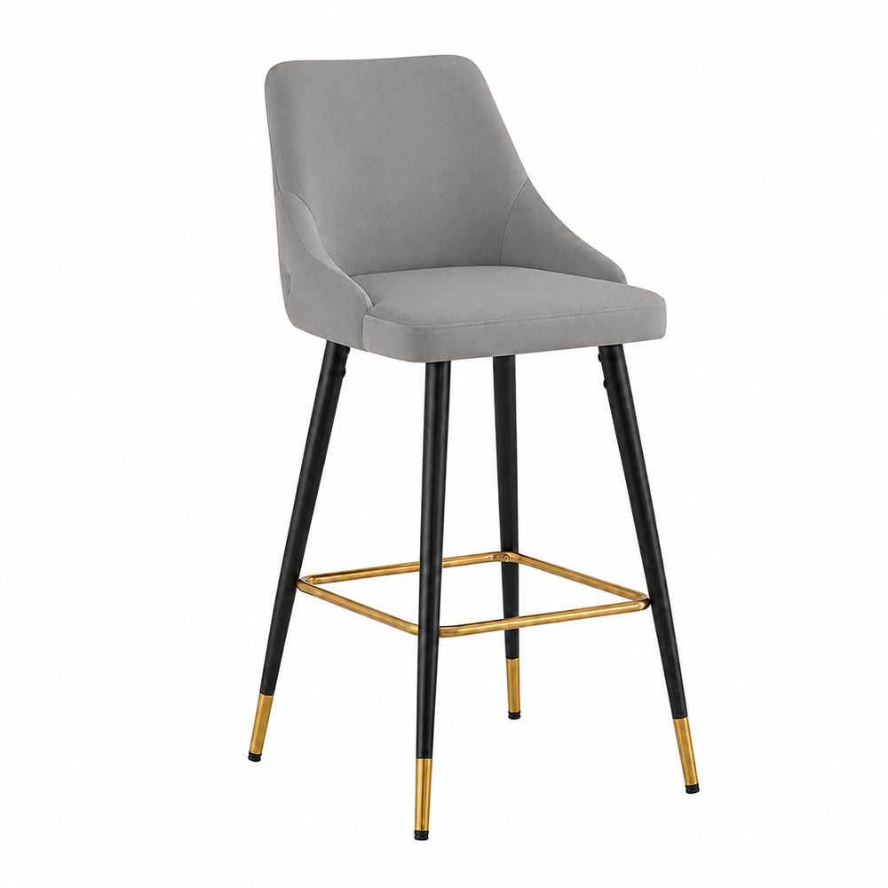 Evora Grey Upholstered Counter Height Bar Stool with Black Metal Legs & Gold Accents