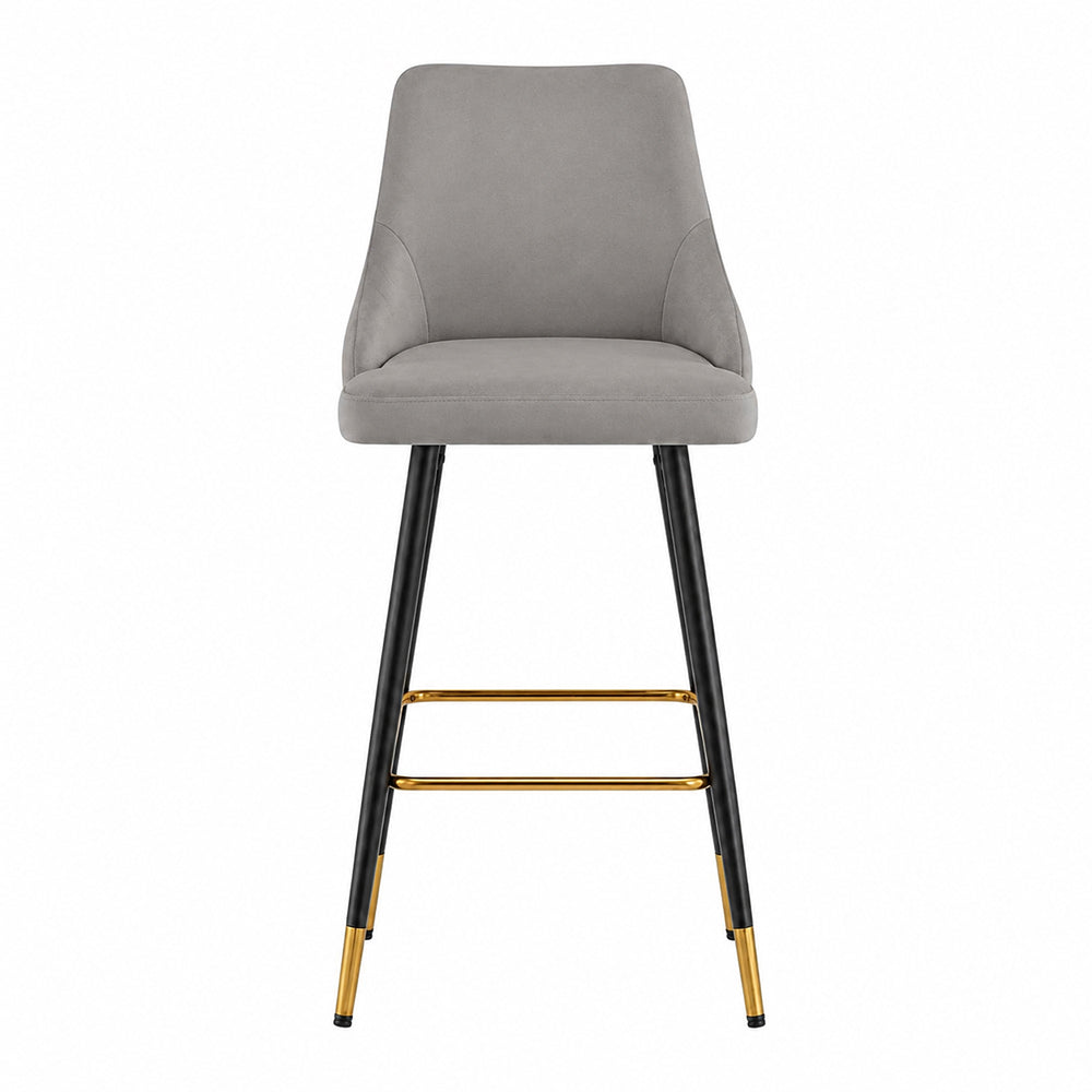 Evora Grey Upholstered Counter Height Bar Stool with Black Metal Legs & Gold Accents