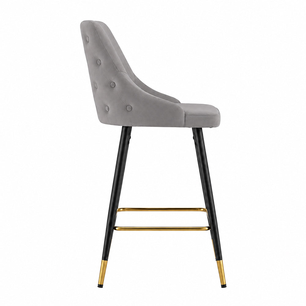 Evora Grey Upholstered Counter Height Bar Stool with Black Metal Legs & Gold Accents