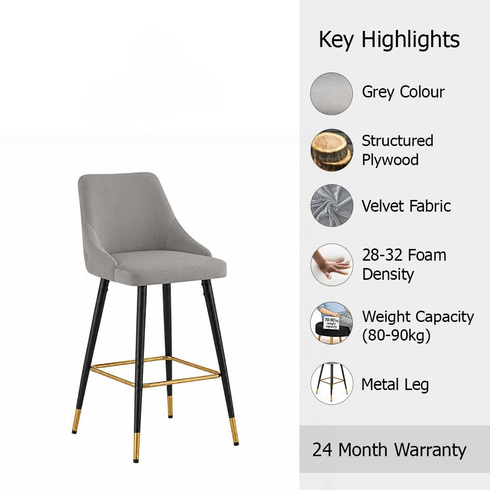 Evora Grey Upholstered Counter Height Bar Stool with Black Metal Legs & Gold Accents