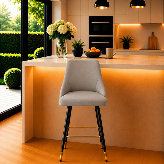 Evora Grey Upholstered Counter Height Bar Stool with Black Metal Legs & Gold Accents
