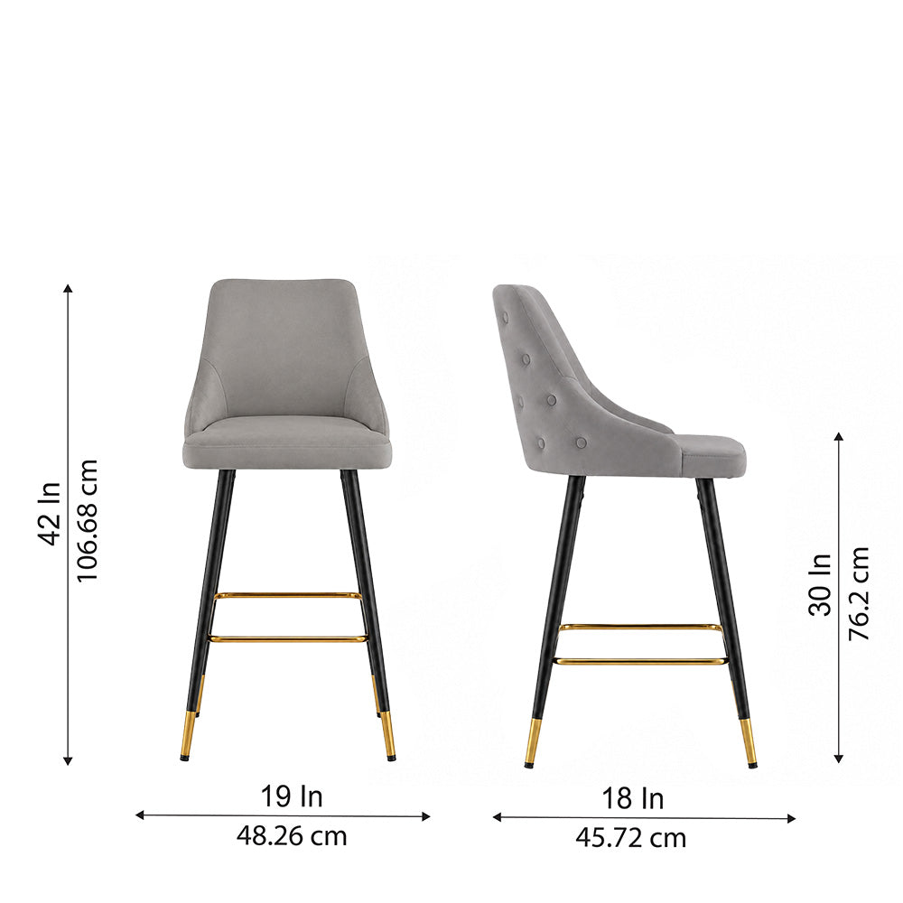 Evora Grey Upholstered Counter Height Bar Stool with Black Metal Legs & Gold Accents