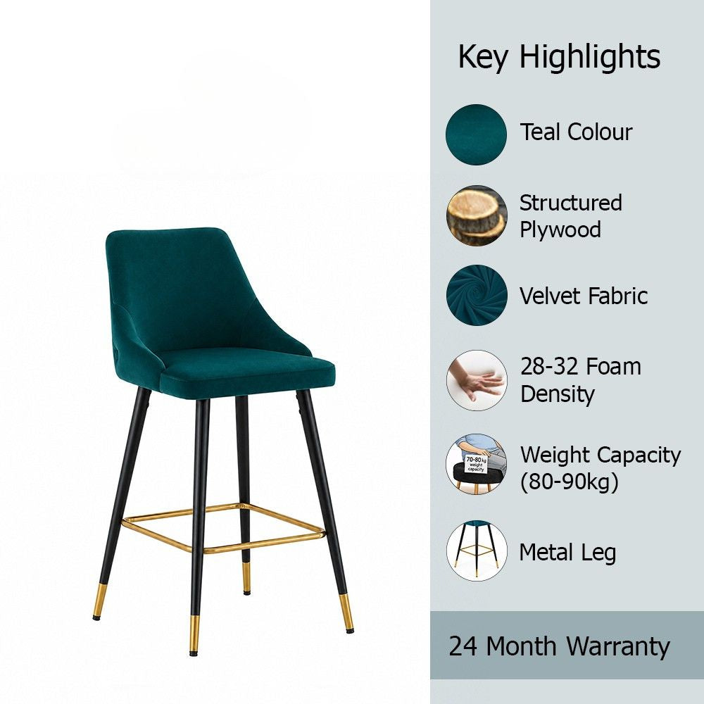 Evora Teal Upholstered Counter Height Bar Stool with Black Metal Legs & Gold Accents