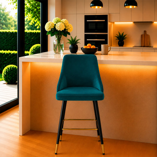 Evora Teal Upholstered Counter Height Bar Stool with Black Metal Legs & Gold Accents