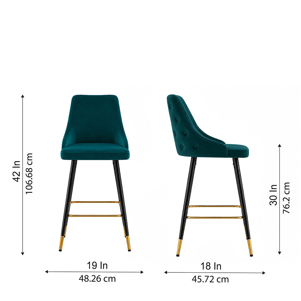 Evora Teal Upholstered Counter Height Bar Stool with Black Metal Legs & Gold Accents