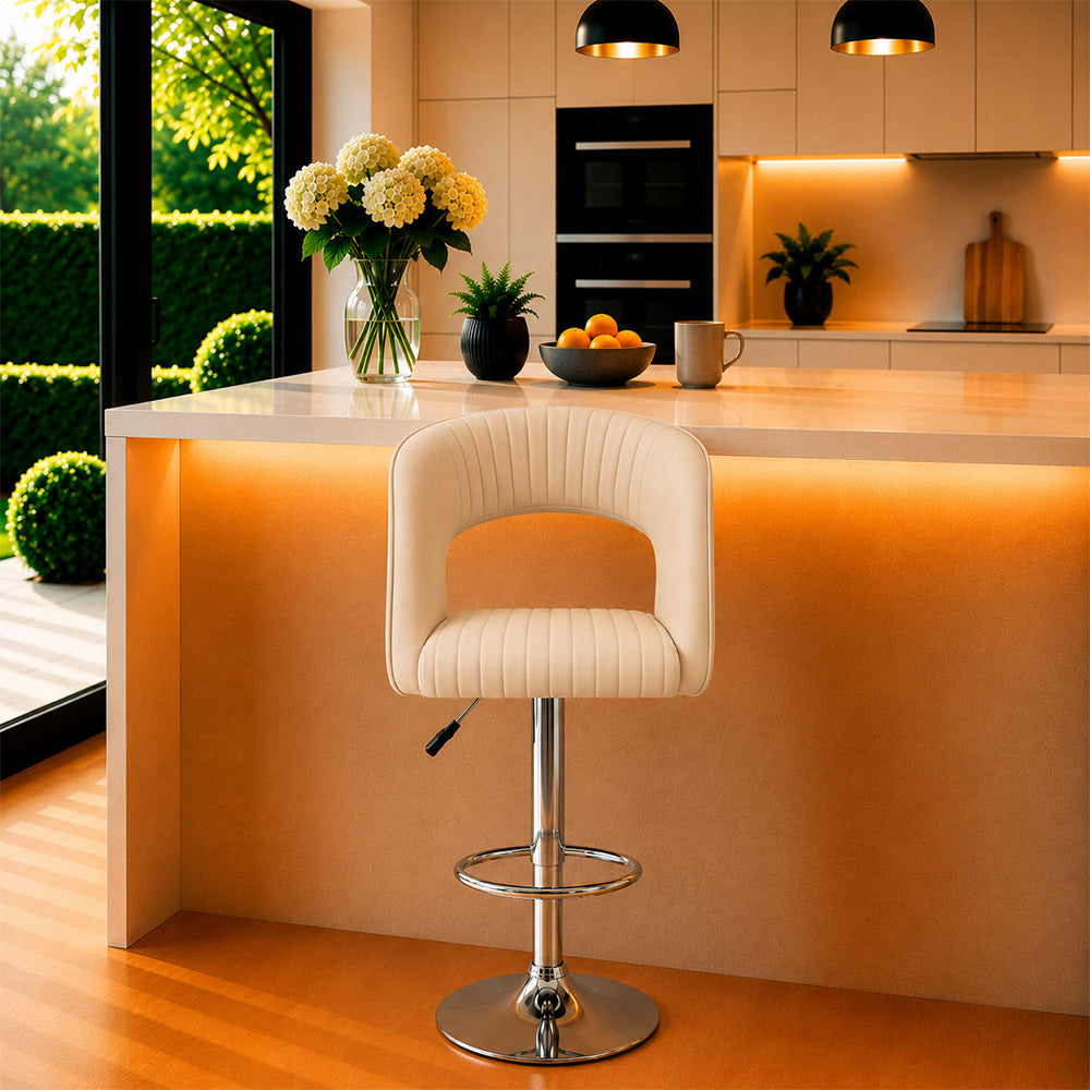 Alvix Beige Upholstered Adjustable Swivel Bar Stool with Chrome Hydraulic Base