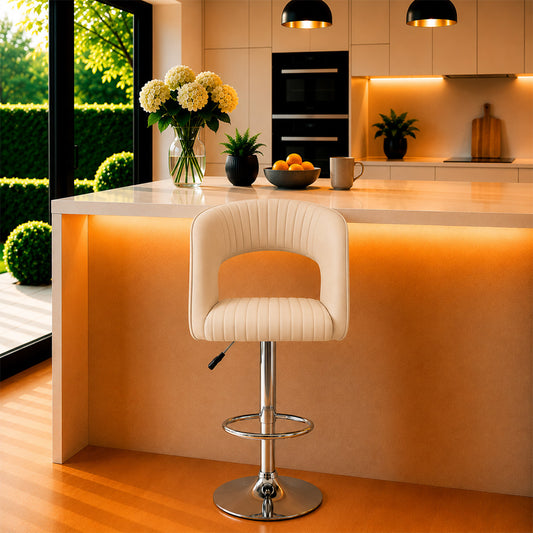 Alvix Beige Upholstered Adjustable Swivel Bar Stool with Chrome Hydraulic Base