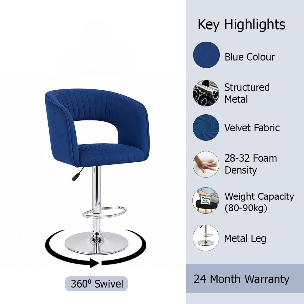 Alvix Blue Upholstered Adjustable Swivel Bar Stool with Chrome Hydraulic Base