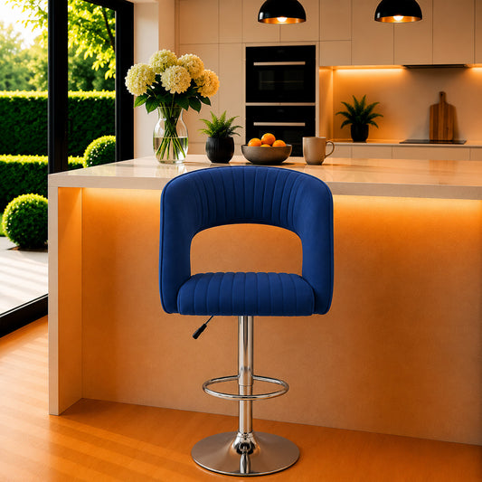 Alvix Blue Upholstered Adjustable Swivel Bar Stool with Chrome Hydraulic Base