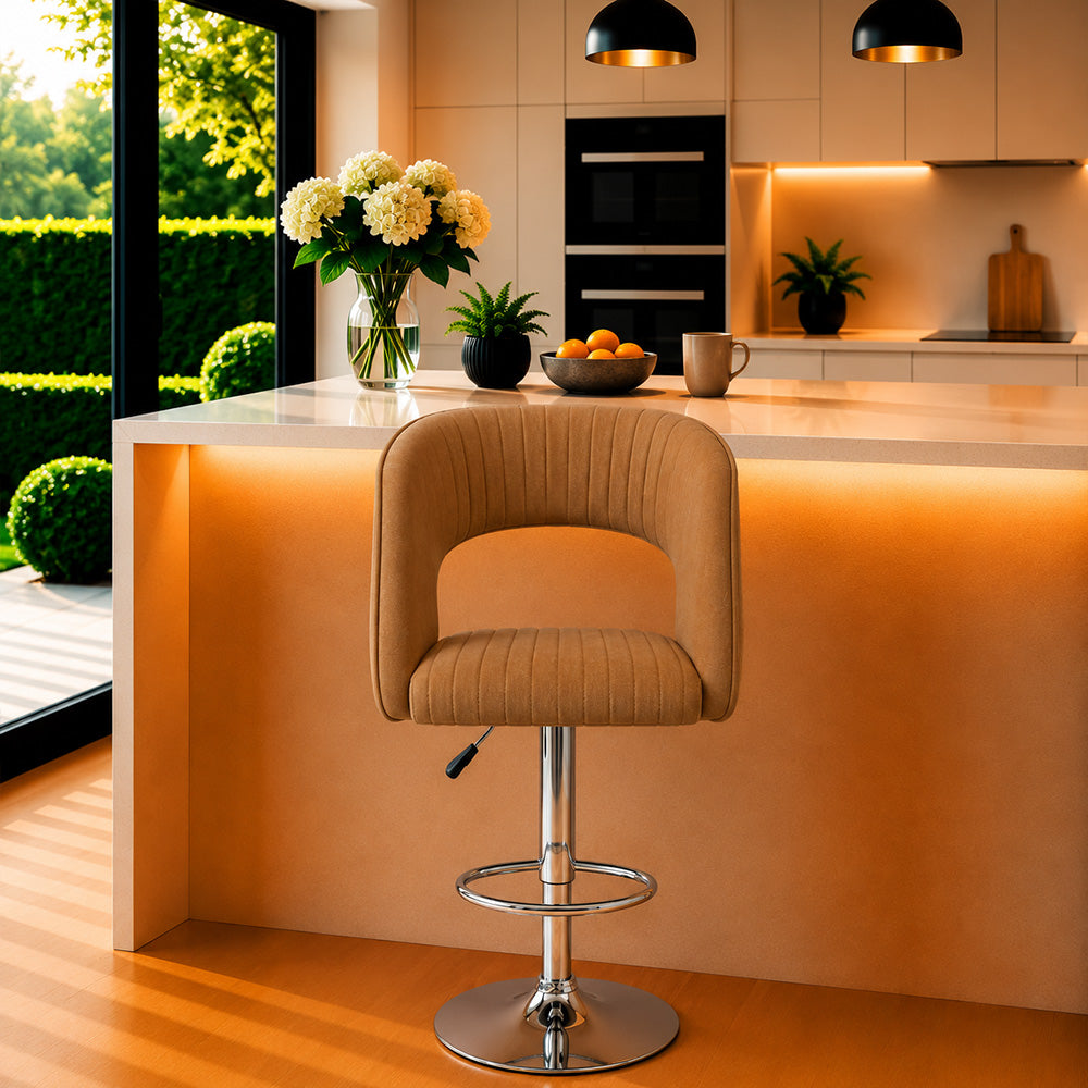 Alvix Tan Upholstered Adjustable Swivel Bar Stool with Chrome Hydraulic Base