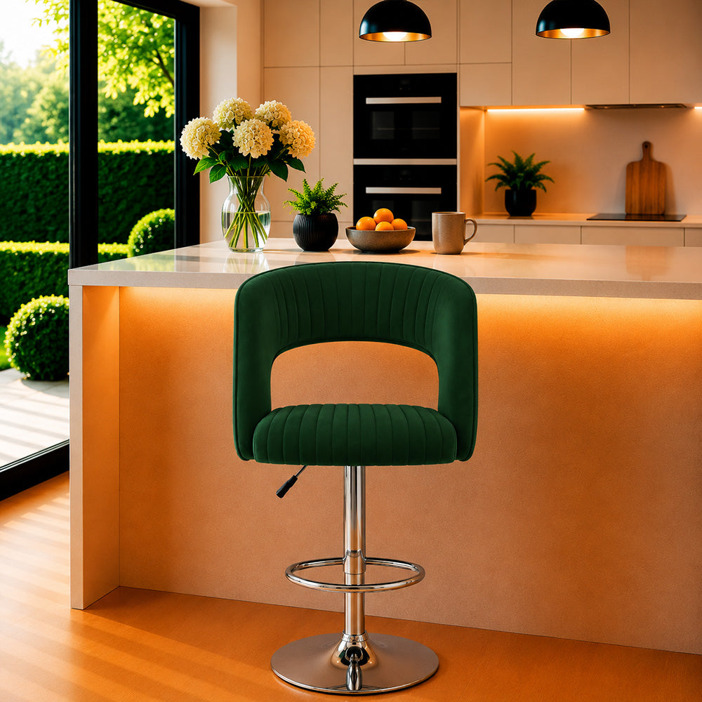 Alvix Green Upholstered Adjustable Swivel Bar Stool with Chrome Hydraulic Base