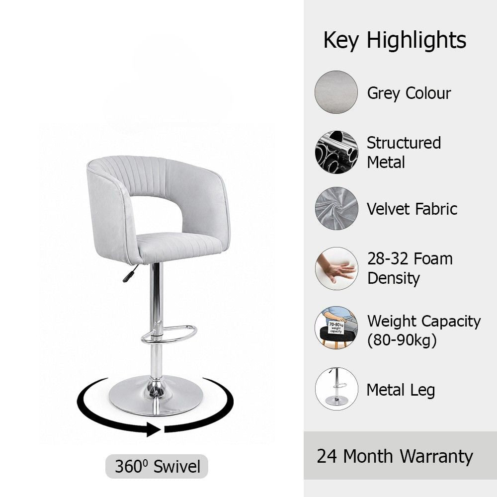 Alvix Grey Upholstered Adjustable Swivel Bar Stool with Chrome Hydraulic Base