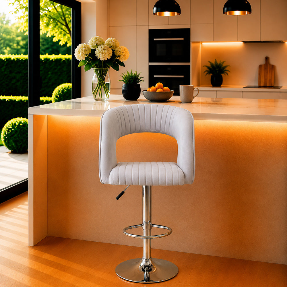 Alvix Grey Upholstered Adjustable Swivel Bar Stool with Chrome Hydraulic Base