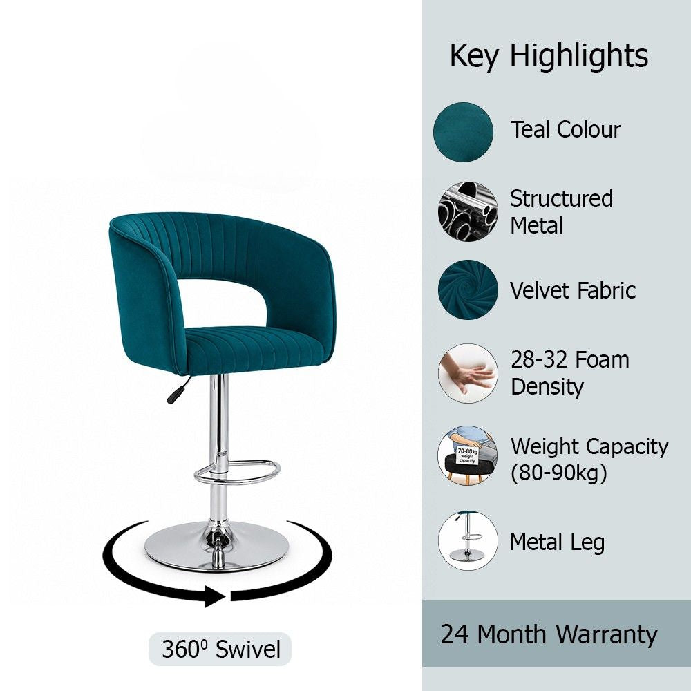 Alvix Teal Upholstered Adjustable Swivel Bar Stool with Chrome Hydraulic Base