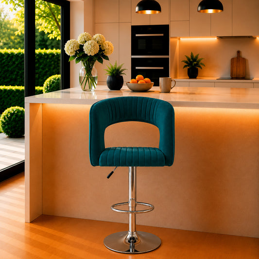 Alvix Teal Upholstered Adjustable Swivel Bar Stool with Chrome Hydraulic Base