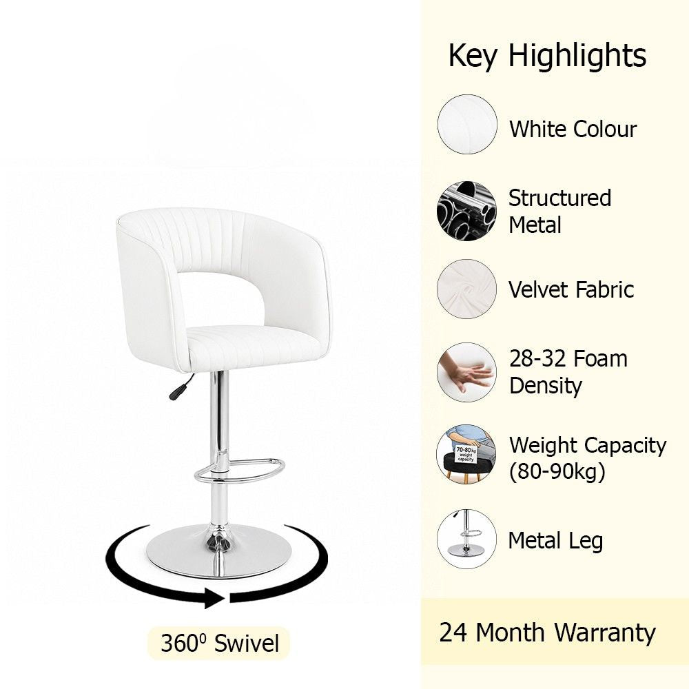 Alvix White Upholstered Adjustable Swivel Bar Stool with Chrome Hydraulic Base