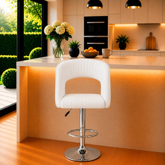 Alvix White Upholstered Adjustable Swivel Bar Stool with Chrome Hydraulic Base