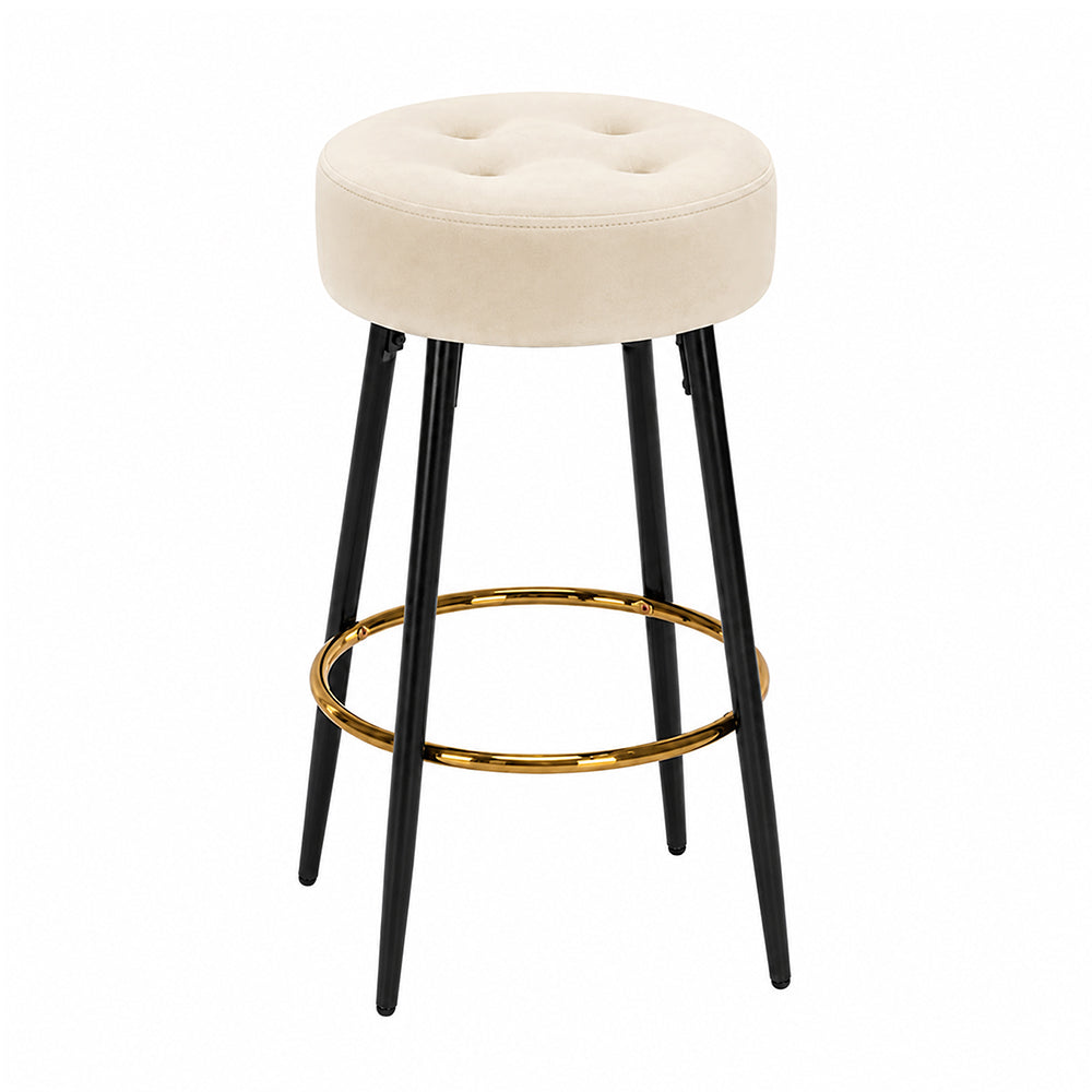 Zorel Beige Tufted Backless Counter Height Bar Stool with Black Metal Legs & Gold Footrest