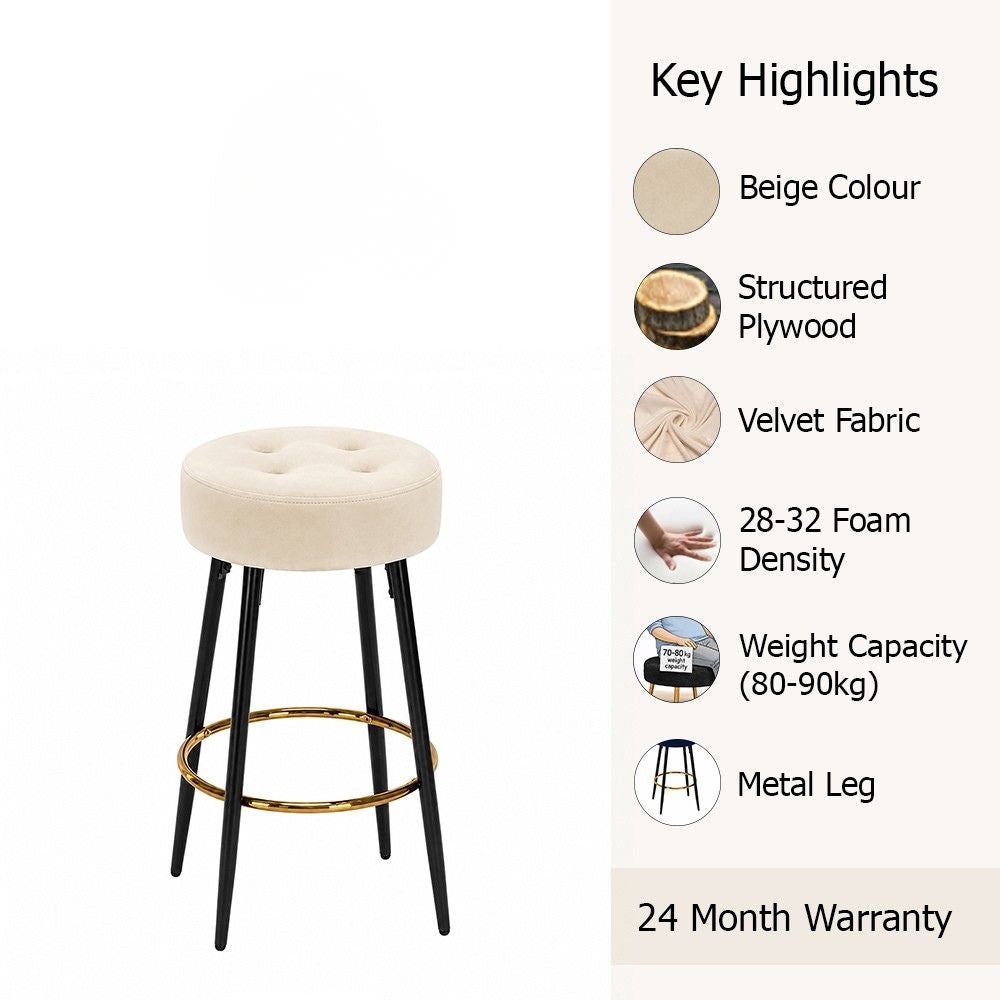 Zorel Beige Tufted Backless Counter Height Bar Stool with Black Metal Legs & Gold Footrest