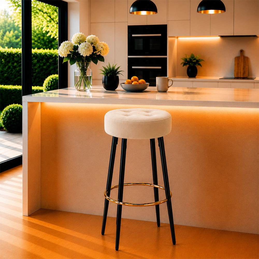 Zorel Beige Tufted Backless Counter Height Bar Stool with Black Metal Legs & Gold Footrest