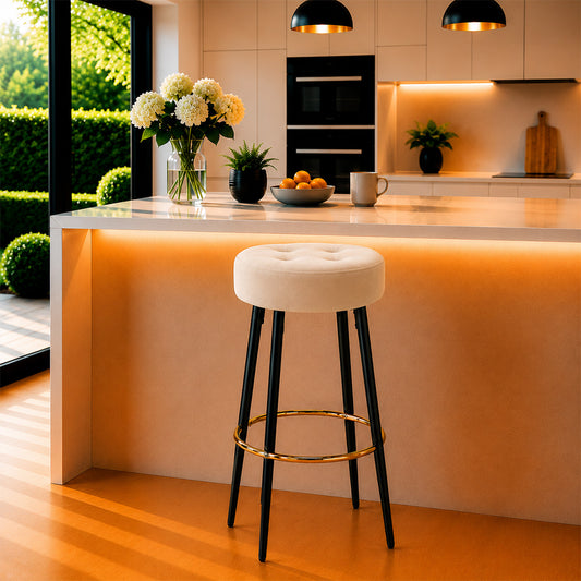 Zorel Beige Tufted Backless Counter Height Bar Stool with Black Metal Legs & Gold Footrest
